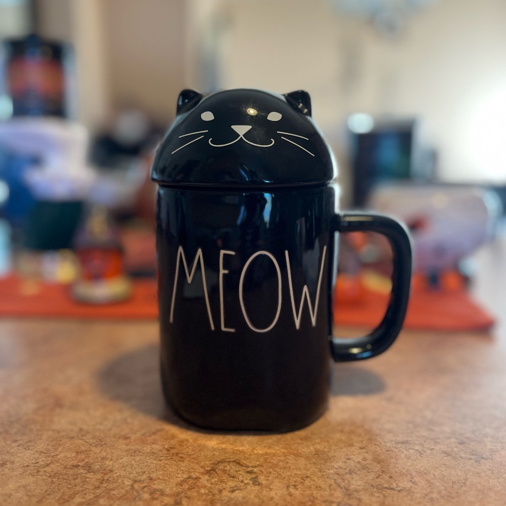 Rae Dunn Black Cat Meow Mug with Lid